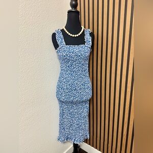 Blue Floral super stretchy smocked Midi Dress